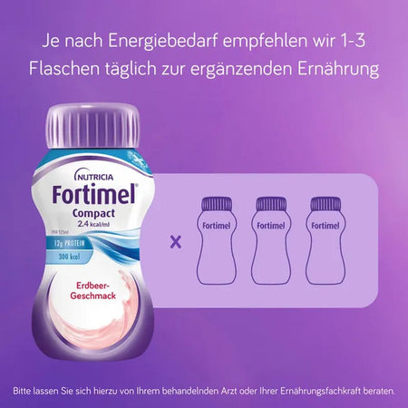 Infografik Fortimel Compact Erdbeere: Empfehlung 1 bis 3 Flaschen täglich zur ergänzenden Ernährung