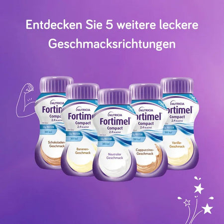 Fünf Fortimel Compact Flaschen 125 ml: Schokolade, Banane, Neutral, Cappuccino und Vanillegeschmack