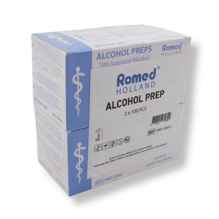 Romed Alkoholtupfer 2er Pack – Vorderseite der Verpackung mit 2 x 100 einzeln verpackten Alkoholpads, 70 % Isopropylalkohol