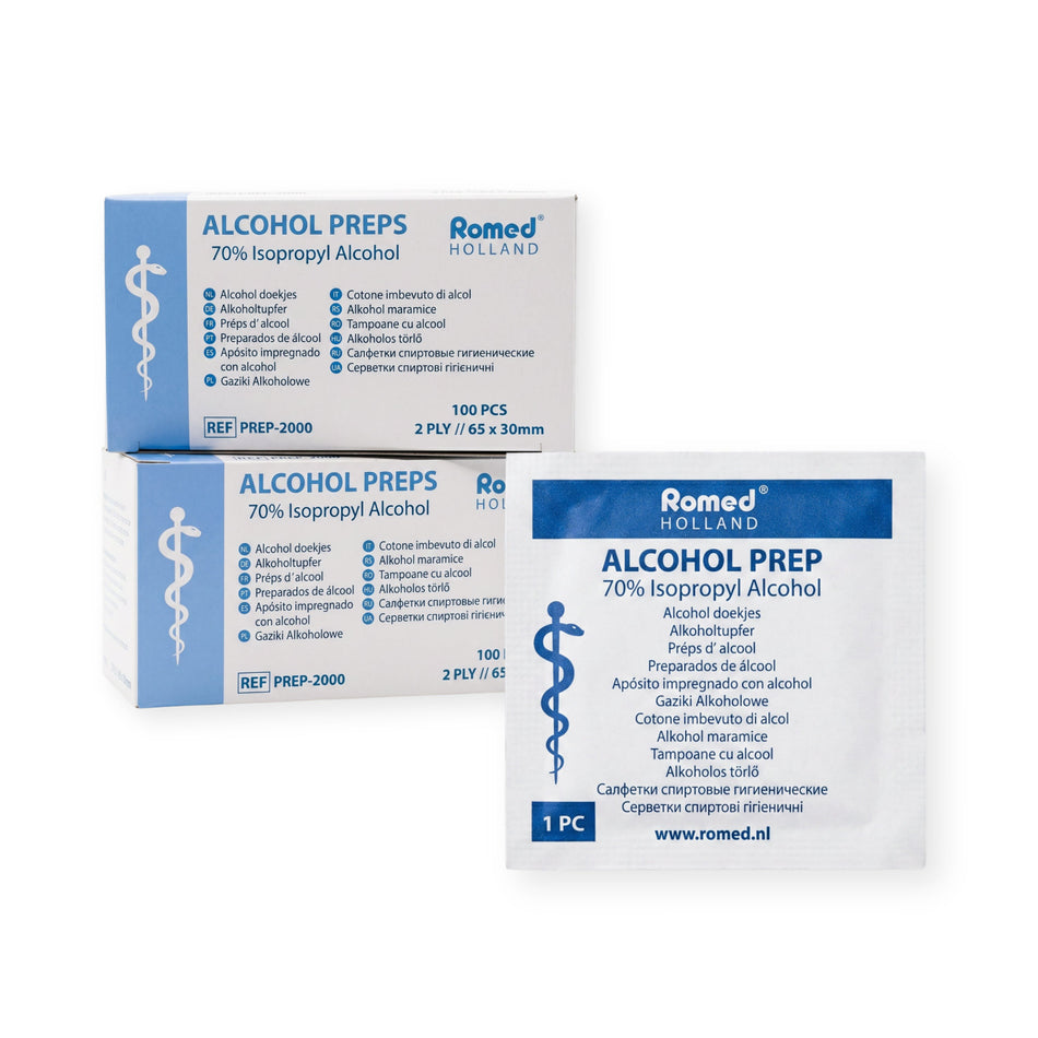 Romed Alkoholtupfer 70% Isopropyl, 2 Packungen à 100 Stück mit einzelnem Tupfer freigestellt