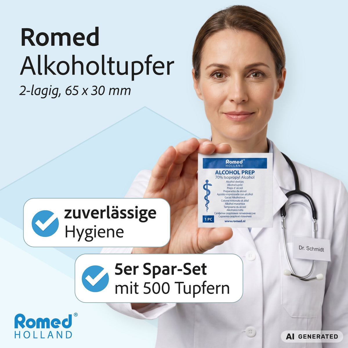 Ärztin hält Romed Alkoholtupfer 70% Isopropyl, 5er Spar-Set mit 500 Tupfern, 2-lagig 65×30 mm