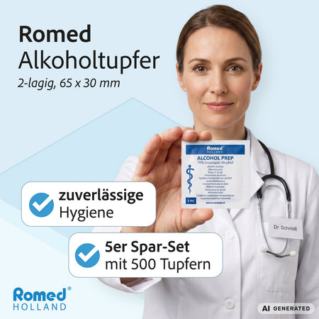 Ärztin hält Romed Alkoholtupfer 70% Isopropyl, 5er Spar-Set mit 500 Tupfern, 2-lagig 65×30 mm