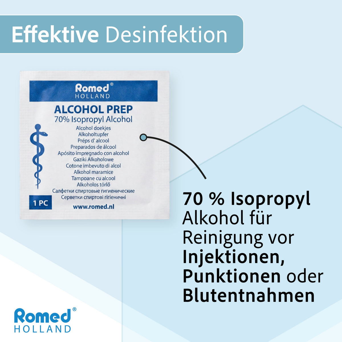Romed Alcohol Prep Tupfer 70% Isopropyl zur Desinfektion vor Injektionen, Punktionen und Blutentnahmen