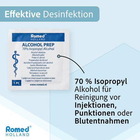 Romed Alcohol Prep Tupfer 70% Isopropyl zur Desinfektion vor Injektionen, Punktionen und Blutentnahmen