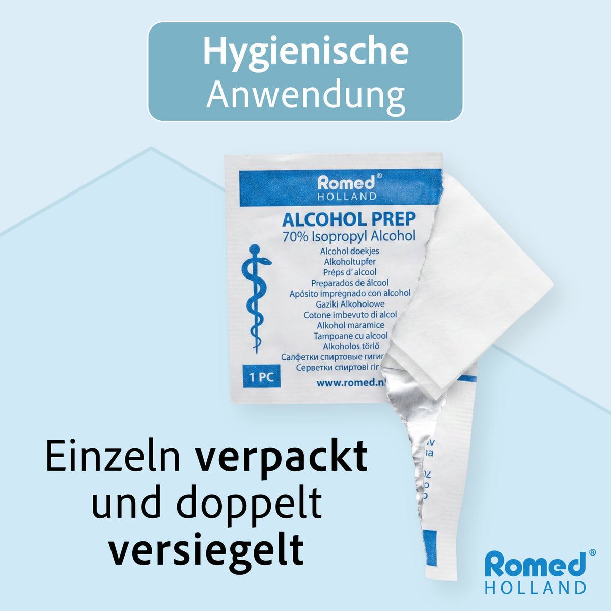 Romed Alkoholtupfer einzeln verpackt und doppelt versiegelt, halb geöffnete Folienverpackung