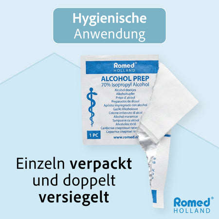 Romed Alkoholtupfer einzeln verpackt und doppelt versiegelt, halb geöffnete Folienverpackung