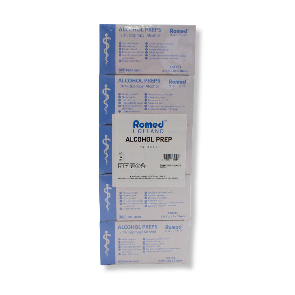 Seitliche Ansicht des 5er Packs Romed Alkoholtupfer – zeigt Verpackungsinformationen und Sicherheitssymbole auf den versiegelten Boxen.