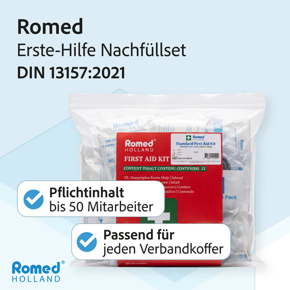 Romed Holland Erste-Hilfe-Nachfüllset DIN 13157:2021, Pflichtinhalt bis 50 Mitarbeiter, passend für jeden Verbandkoffer