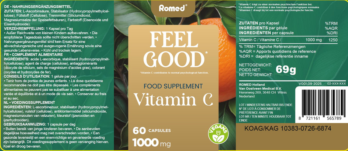 Romed Feel Good Vitamin C: aufgefaltetes Etikett mit Zutatenliste auf Deutsch, Französisch und Niederländisch.