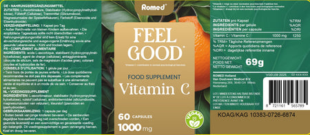 Romed Feel Good Vitamin C: aufgefaltetes Etikett mit Zutatenliste auf Deutsch, Französisch und Niederländisch.
