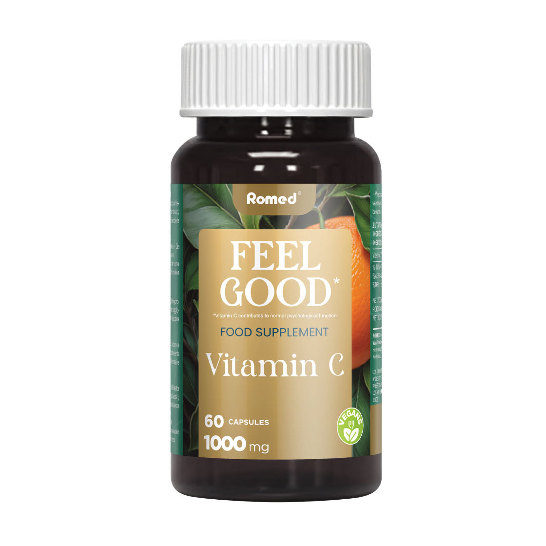 Dunkelbraune Flasche Romed Feel Good Vitamin C, 60 Kapseln à 1000 mg, vegan, mit Mandarine auf Etikett.
