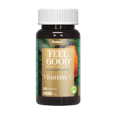 Dunkelbraune Flasche Romed Feel Good Vitamin C, 60 Kapseln à 1000 mg, vegan, mit Mandarine auf Etikett.