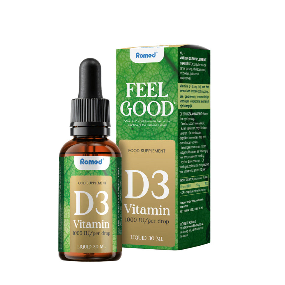 Romed Feel Good Vitamin D3 Tropfen 30 ml, 1000 IU pro Tropfen: Tropfflasche mit grüner Verpackungsbox