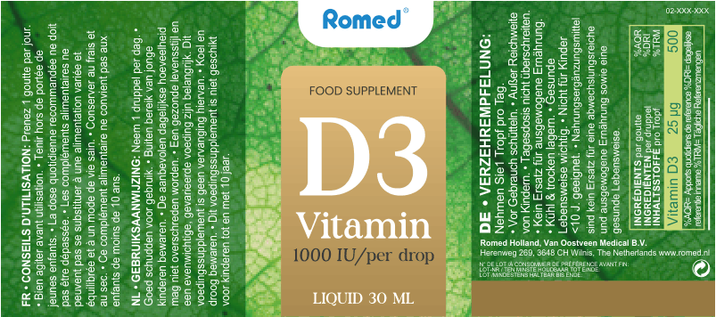 Romed Feel Good Vitamin D3: aufgefaltetes Flaschenetikett mit Zutatenliste auf Französisch, Niederländisch und Deutsch