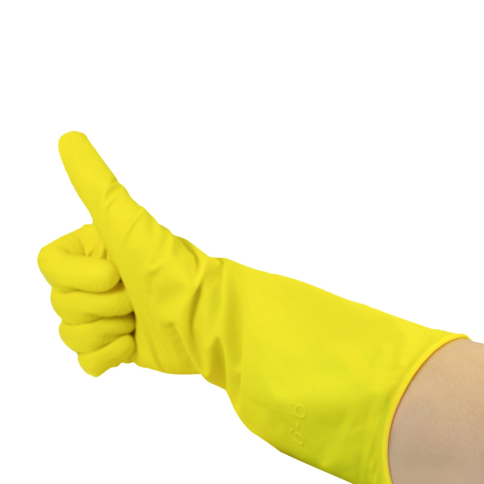 Gelbe Haushaltshandschuhe aus Gummi, ideal für Reinigungsarbeiten und den Umgang mit Chemikalien. Die Handschuhe sind in einem schlichten, jedoch leuchtenden Gelbton gehalten, der fröhlich wirkt. Sie besitzen eine glatte Oberfläche für einfaches An- und Ausziehen und bieten gleichzeitig einen sicheren Griff. Die langen Ärmel schützen die Handgelenke und sind elastisch, um eine bequeme Passform zu gewährleisten. Perfekt für den Einsatz im Haushalt, beim Geschirrspülen oder beim Reinigen von Oberflächen.