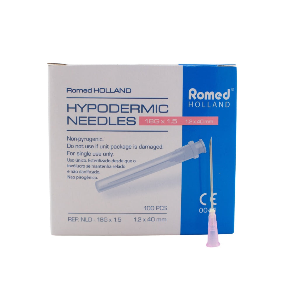 Romed Holland Einmalkanülen / Injektionskanülen 18G × 1,5 (1,2 × 40 mm), Vorderansicht der Verpackung mit einzelner steriler Kanüle, 100 Stück.