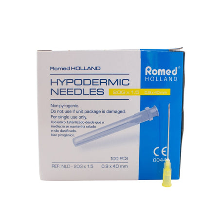 Romed Holland Einmalkanülen / Injektionskanülen 20G × 1,5 (0,9 × 40 mm), Vorderseite der Box mit einzelner Nadel, 100 Stück, EO-steril.