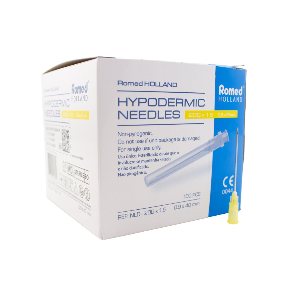 Romed Injektionskanülen / Einmalkanülen 20G × 1,5 (0,9 × 40 mm), Seitenansicht der Verpackung, einzeln steril verpackt.