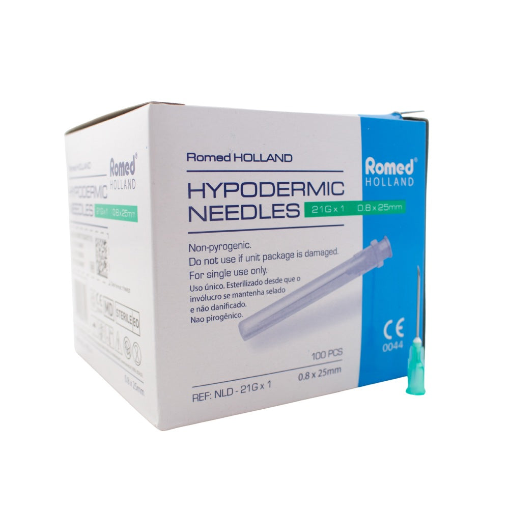 Romed Injektionskanülen / Einmalkanülen 21G × 1 (0,8 × 25 mm), Seitenansicht der Verpackung, EO-steril für den Einmalgebrauch.