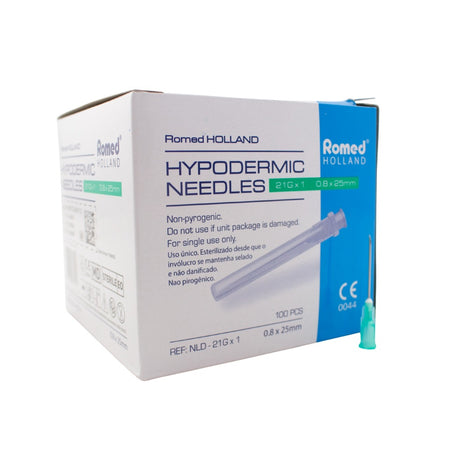 Romed Injektionskanülen / Einmalkanülen 21G × 1 (0,8 × 25 mm), Seitenansicht der Verpackung, EO-steril für den Einmalgebrauch.