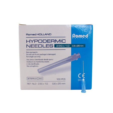 Romed Holland Einmalkanülen / Injektionskanülen 23G × 1,0 (0,6 × 25 mm), Front der Produktverpackung mit abgebildeter Kanüle, 100 Stück.