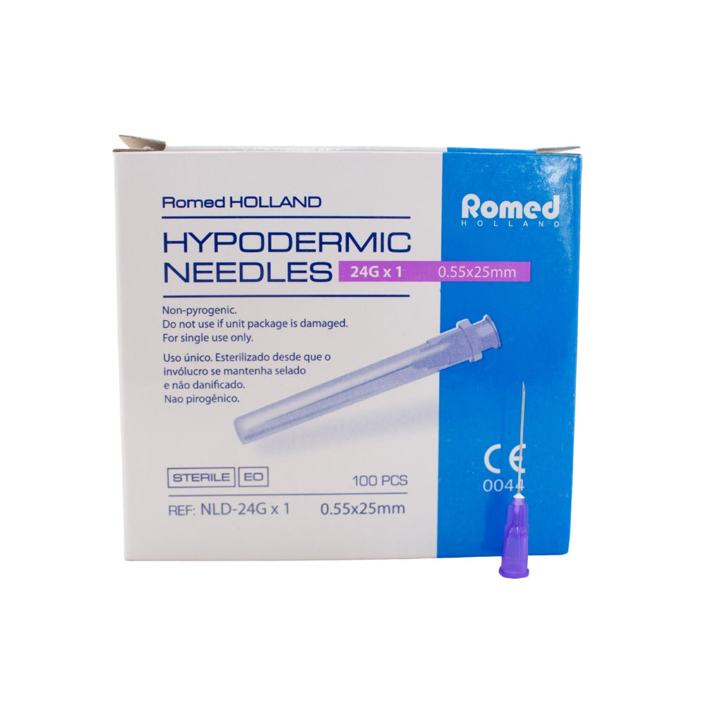 Romed Holland Einmalkanülen / Injektionskanülen 24G × 1 (0,55 × 25 mm), Frontansicht der Verpackung mit Kanüle, 100 Stück.
