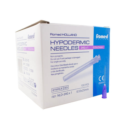 Seitenansicht der Romed Injektionskanülen / Einmalkanülen 24G × 1 (0,55 × 25 mm), sterile Einmalpackung.