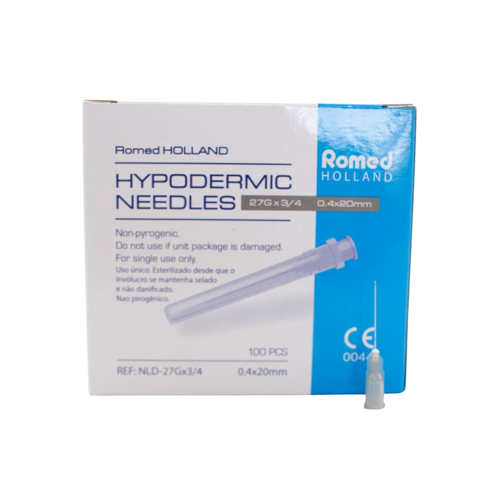 Romed Einmalkanülen / Injektionskanülen 27G × 3/4 (0,4 × 20 mm), Frontansicht der Verpackung mit Kanüle, 100 Stück.