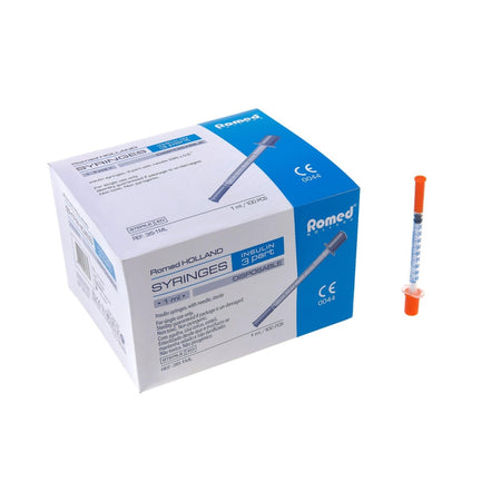 Box Romed Insulin-Spritzen 1 ml mit aufrecht stehender Einwegspritze, CE-zertifiziert, medizinisches Produkt.