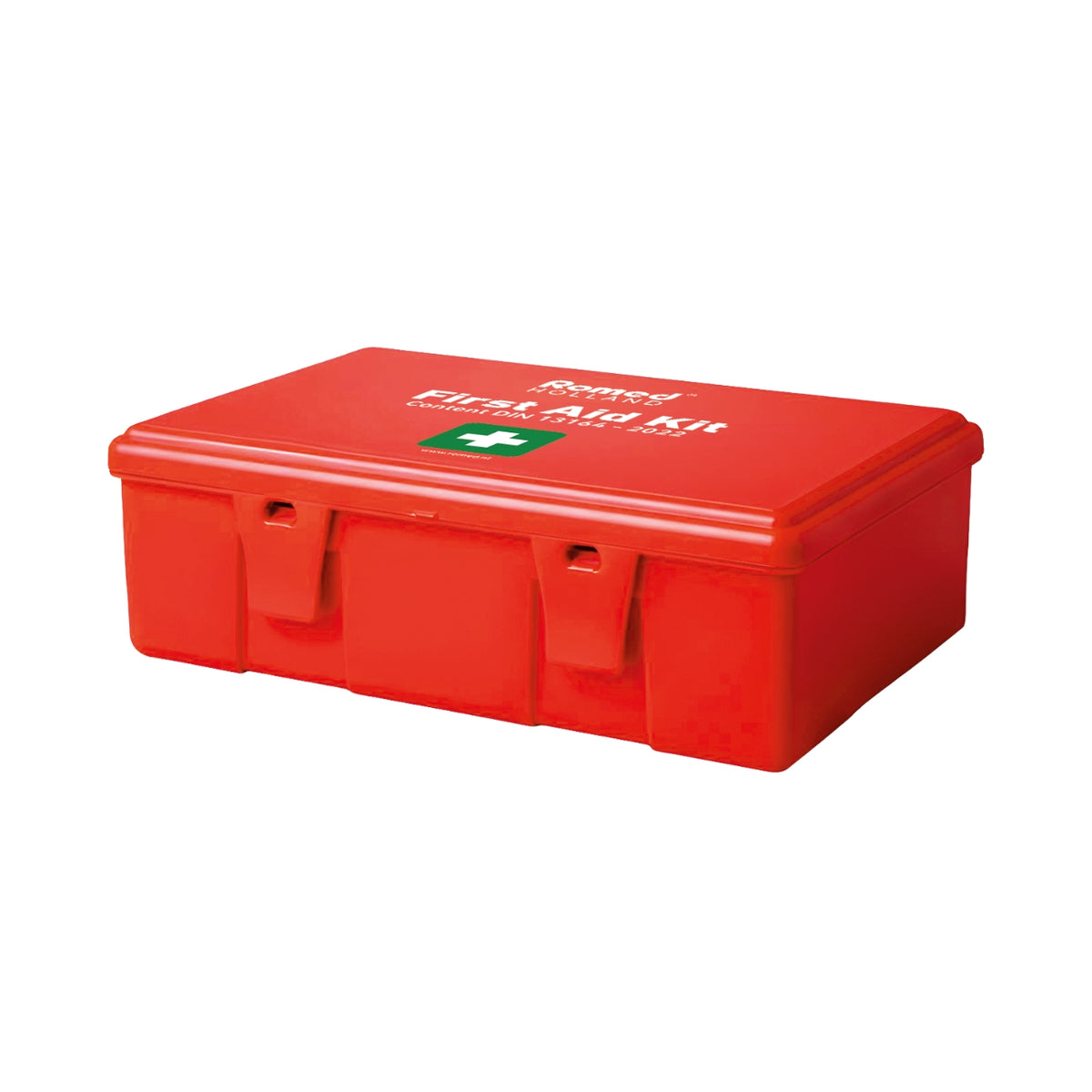 Romed Holland First Aid Kit DIN 13164-2022 roter Kunststoffkasten geschlossen mit grünem Kreuz-Symbol