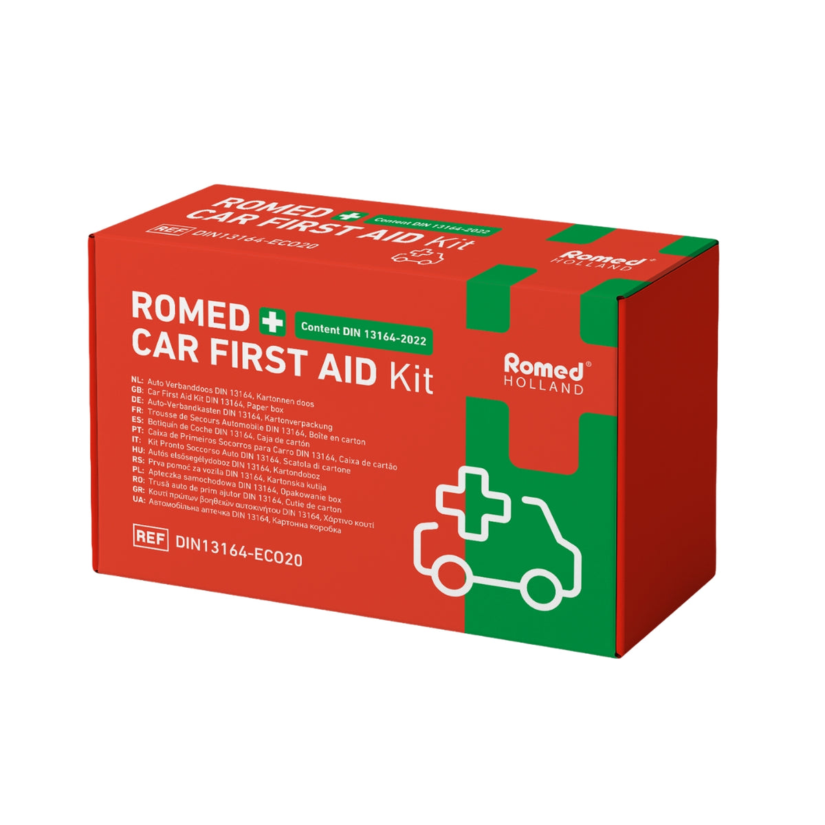 Romed Car First Aid Kit DIN13164-ECO20 rote Kartonverpackung mit mehrsprachiger Beschriftung und Auto-Symbol