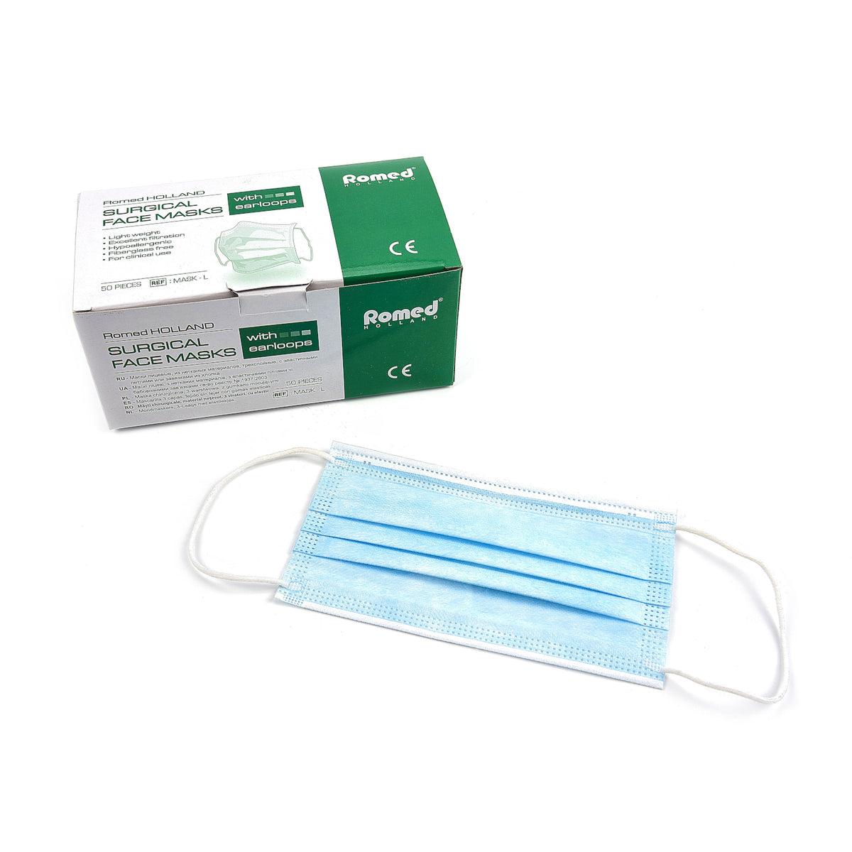 Romed Mundschutz, 3-lagig, Typ IIR. 50er Packung mit davorliegendem blauen Mundschutz.