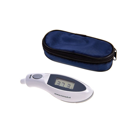 Romed THERM-B100 Infrarot-Ohrthermometer mit LCD-Anzeige 37,3 °C und blauer Reißverschluss-Tragetasche