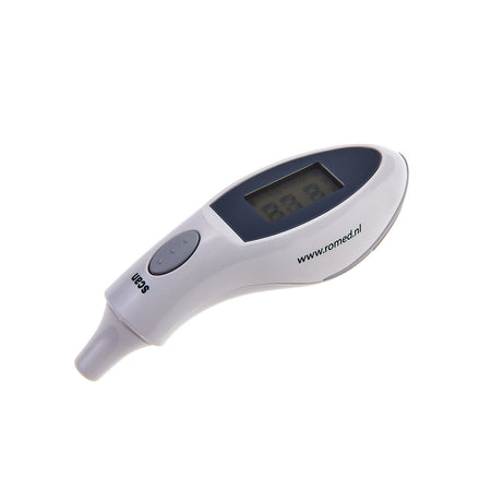 Romed THERM-B100 Infrarot-Ohrthermometer Vorderansicht mit LCD-Display und Scan-Taste, freigestellt