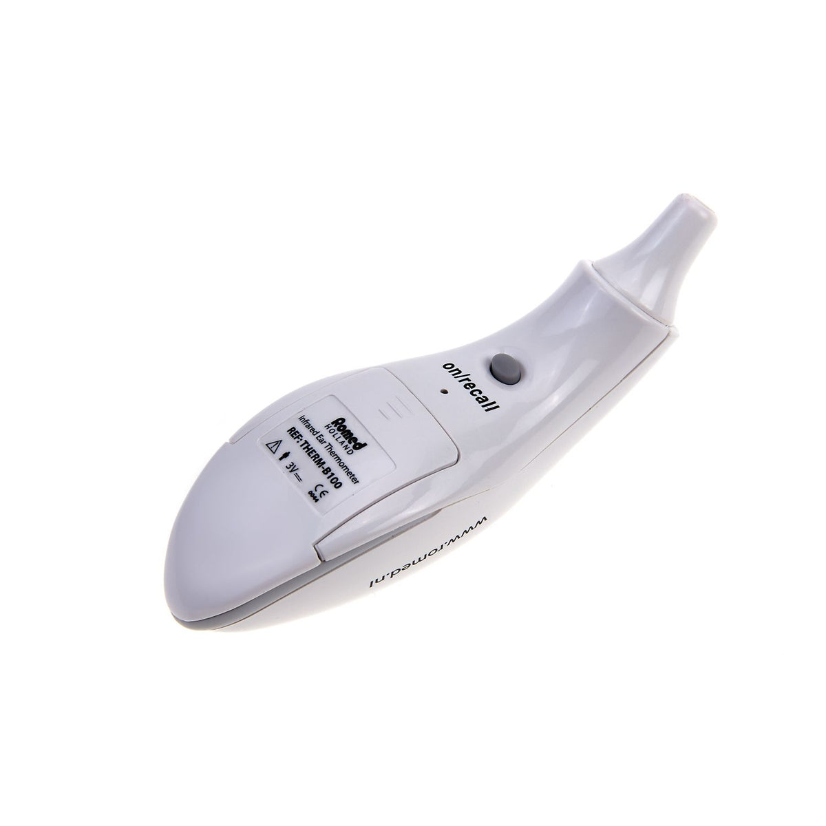 Romed THERM-B100 Infrarot-Ohrthermometer Rückseite mit on/recall-Taste, Batteriefach und CE-Kennzeichnung