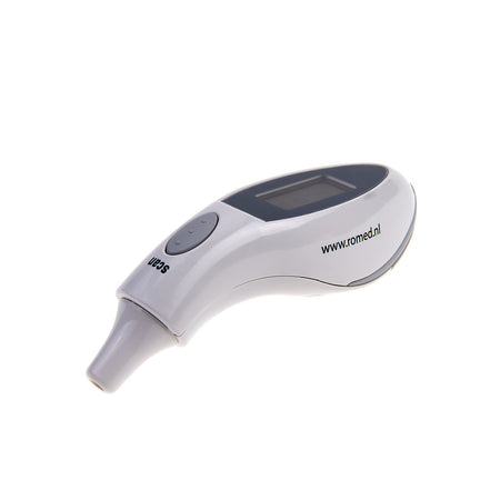 Romed THERM-B100 Infrarot-Ohrthermometer Seitenansicht mit Messsonde und LCD-Display, freigestellt