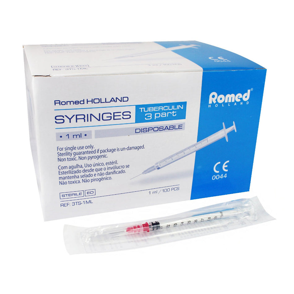 Romed Tuberkulinspritze 1 ml 3-teilig – Box mit einzeln verpackter Spritze vor weißem Hintergrund