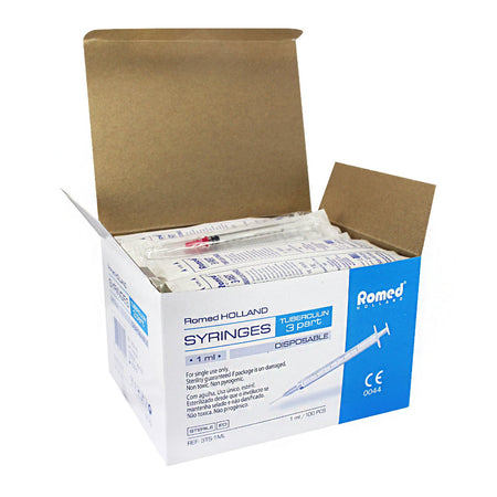 Geöffnete Romed Holland Box mit einzeln steril verpackten Tuberkulinspritzen 1 ml (100 Stück)