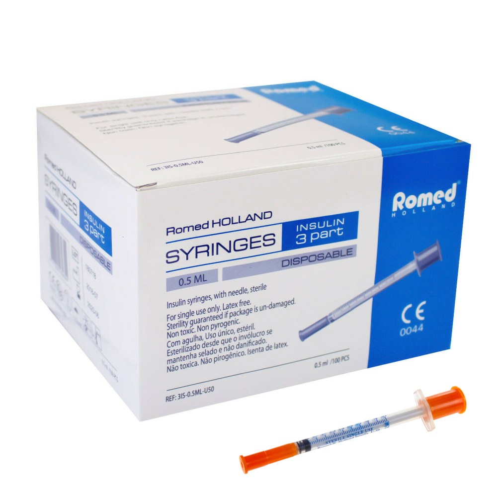 Romed U-50 Insulinspritzen 0,5 ml – Produktverpackung „Insulin 3 part“ mit abgebildeter 29G-Spritze.