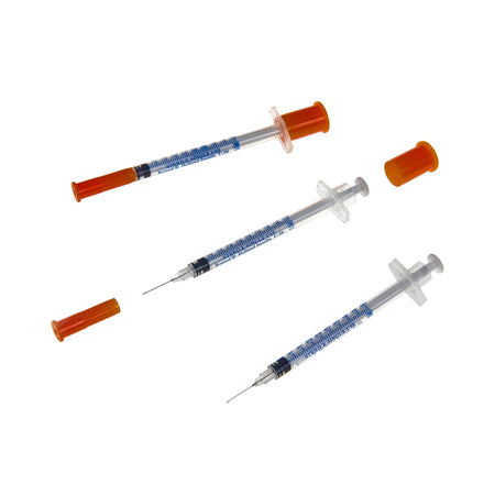 Mehrere Romed U-50 Insulinspritzen 0,5 ml mit orangefarbenen Schutzkappen, dreiteilig, Einmalgebrauch.