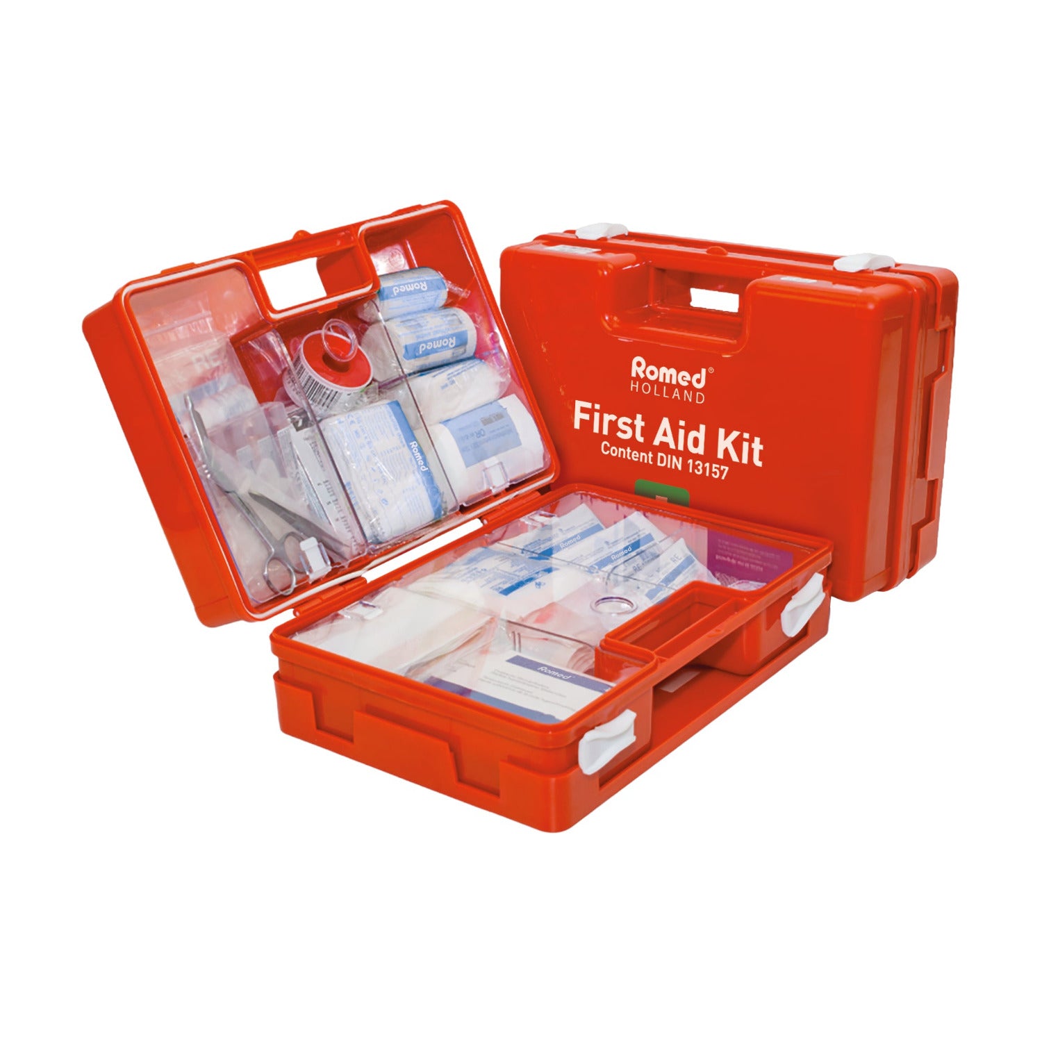 Romed Holland First Aid Kit DIN 13157, oranger Koffer geöffnet mit vollständigem Verbandmaterial-Inhalt