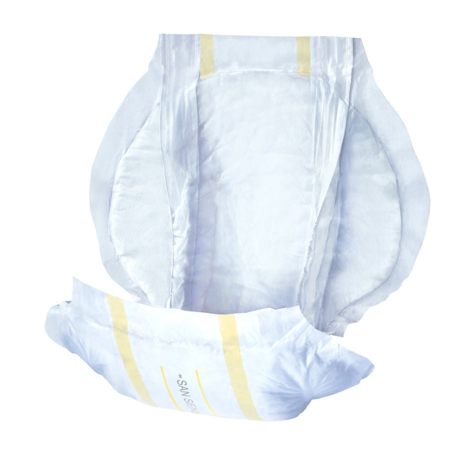 Ein farbenfrohes und ansprechendes Produktbild zeigt eine Packung mit "San Seni Normal" Einweg-Inkontinenzprodukten. Die Verpackung hat einen überwiegend weißen Hintergrund, ergänzt durch grüne und blaue Akzente. Deutlich sichtbar sind Produktinformationen sowie eine Darstellung der Einlagen, die für hohe Saugfähigkeit stehen. Oben rechts befindet sich das Logo des Herstellers.