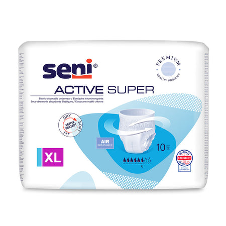 Frontalansicht einer Packung Seni Active Super XL Inkontinenzhosen.