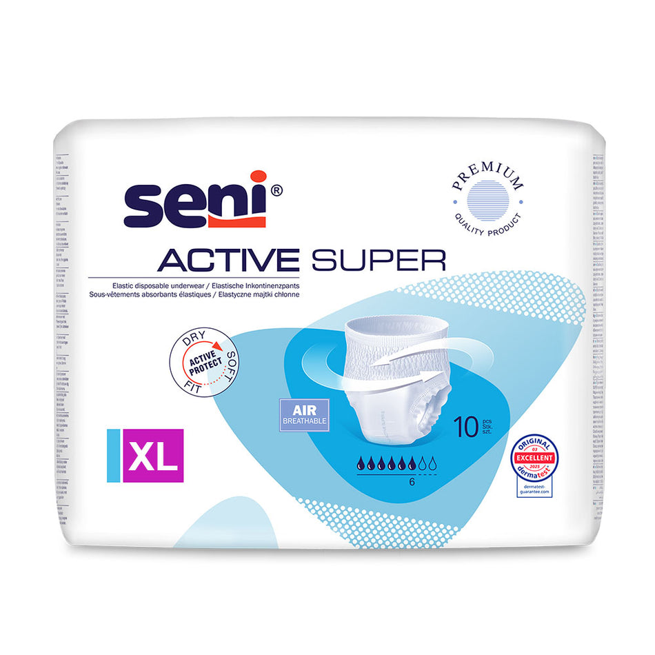 Frontalansicht einer Packung Seni Active Super XL Inkontinenzhosen.