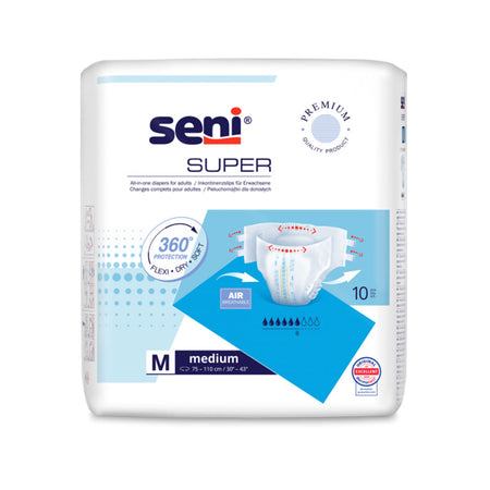Packung Super Seni Medium Inkontinenzhosen – Vorderansicht, Größe M (75–110 cm), 10 Stück, blaue und weiße Verpackung mit Seni-Logo