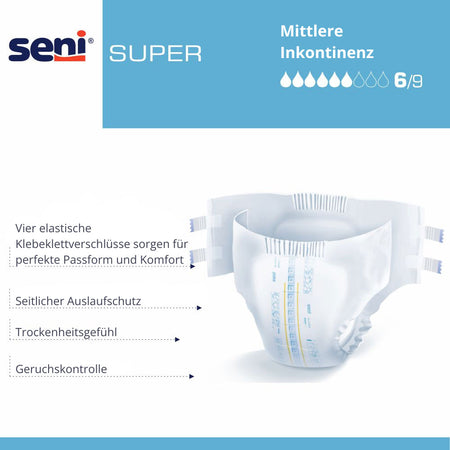 Produktdetail Super Seni Medium – Fokus auf Seiten- und Rückenteil mit Auslaufschutz und atmungsaktiven Materialien