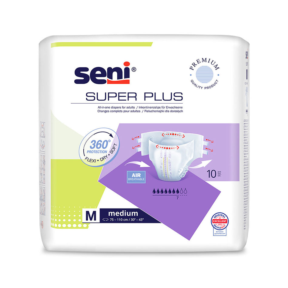 Seni Super Plus Windeln, Größe M, 10 Stück. Für mittlere bis schwere Inkontinenz, mit Atmungsaktivität.
