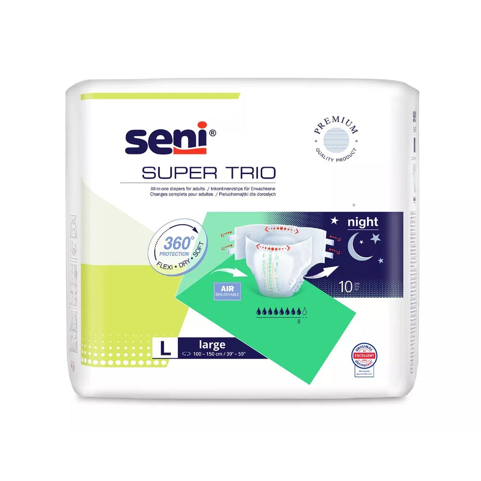 Ein Paket seni Super Trio in der Größe L, bestehend aus drei unterschiedlichen Packungen von Inkontinenzprodukten. Die Verpackungen sind farblich gestaltet mit aufgedruckten Informationen über die Produkte, darunter eine Piktogramm-Darstellung. Das Design der Packungen ist modern und ansprechend. Im Hintergrund ist ein neutraler, heller Untergrund zu sehen, der die Produkte ins Zentrum der Aufmerksamkeit rückt.