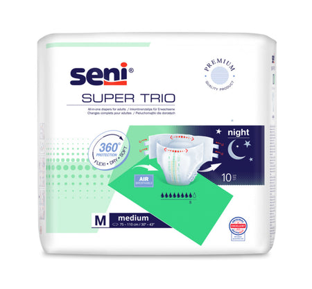 Das Bild zeigt die Verpackung von Seni Super Trio in der Größe Medium. Die Verpackung ist überwiegend blau mit weißen und orangefarbenen Akzenten. Auf der Vorderseite sind die wichtigsten Produktmerkmale hervorgehoben, einschließlich der Größenbezeichnung „Medium“ und der Beschreibung „Super Trio“. Im Hintergrund sind orangefarbene Grafiken, die Komfort und Sicherheit symbolisieren.