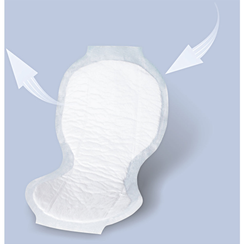 Eine Produktabbildung zeigt ein weißen, faltbaren Inkontinenzslip für Erwachsene. Der Slip ist mit elastischen Bündchen an den Beinen und einem hohen Bund für zusätzlichen Komfort ausgestattet. Die Oberfläche des Materials wirkt weich und atmungsaktiv, mit dezentem Muster. Auf der Verpackung sind Hinweise zur Größe und Saugfähigkeit des Produkts zu sehen. Der Hintergrund der Abbildung ist neutral, um den Fokus auf den Slip zu legen.